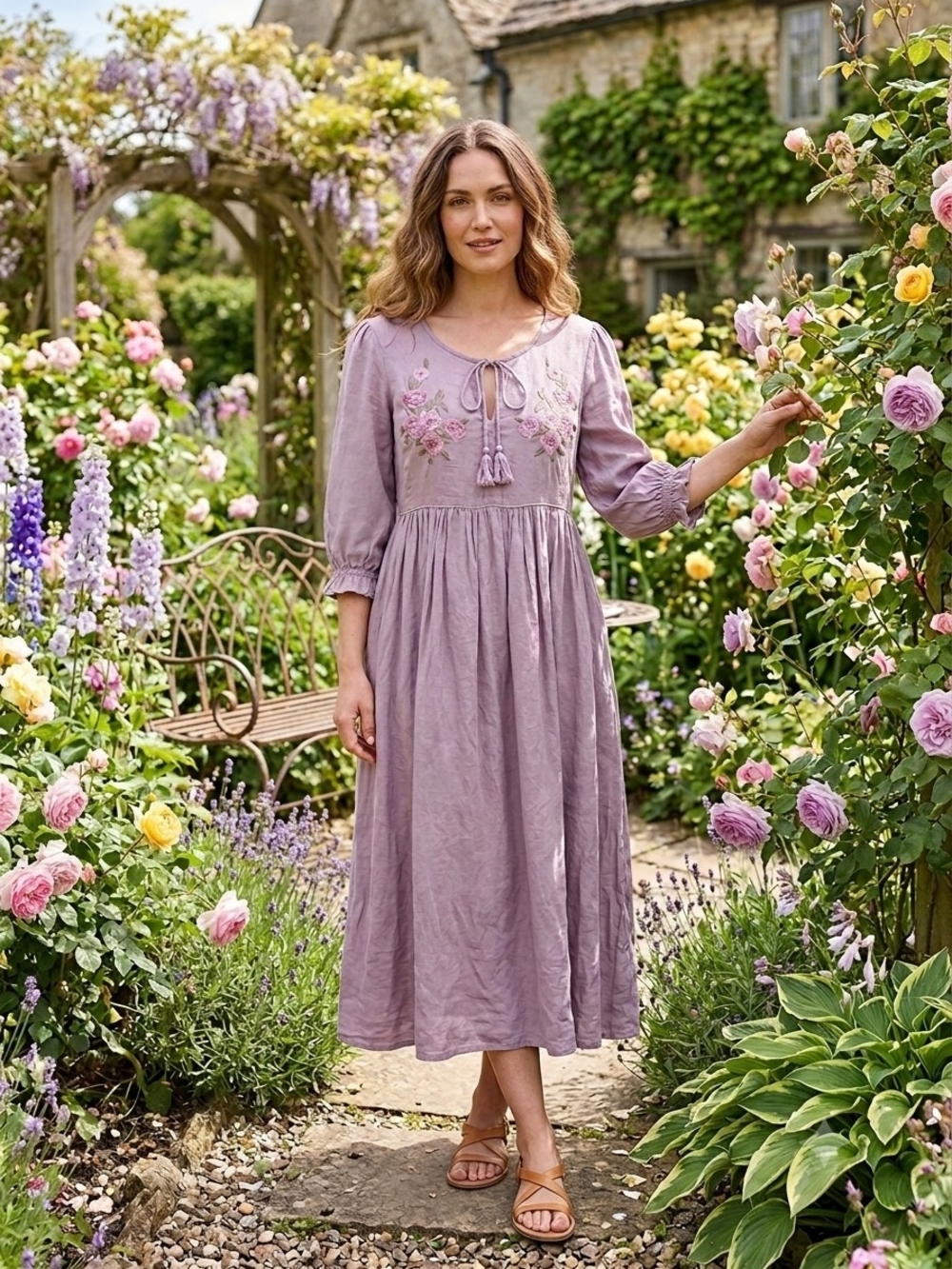 April Cornell Lavender Embroidered Tie-back Midi Dress